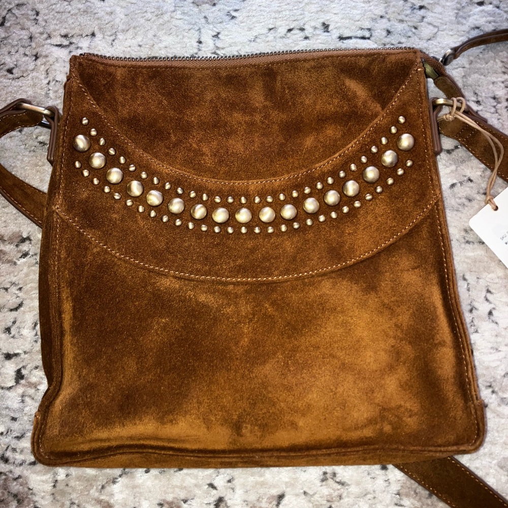 HOBO Tan Suede Mystic crossbody Shoulder Bag with metal Accents